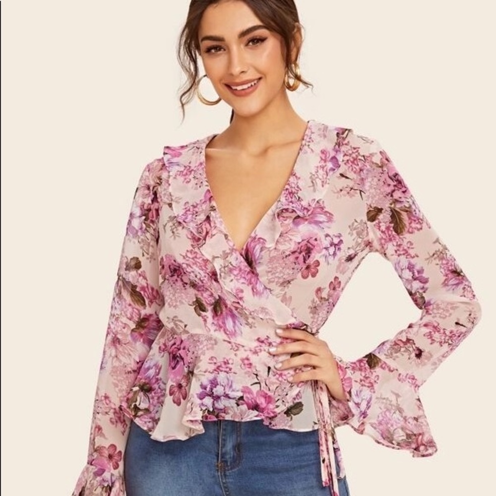 Floral Print Ruffle Wrap Top